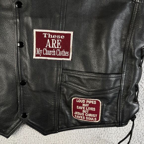 Leather Vest Jesus Patch Vest Men 52 2XL River Road Motorcycle Lace Up Sides - Picture 3 of 12